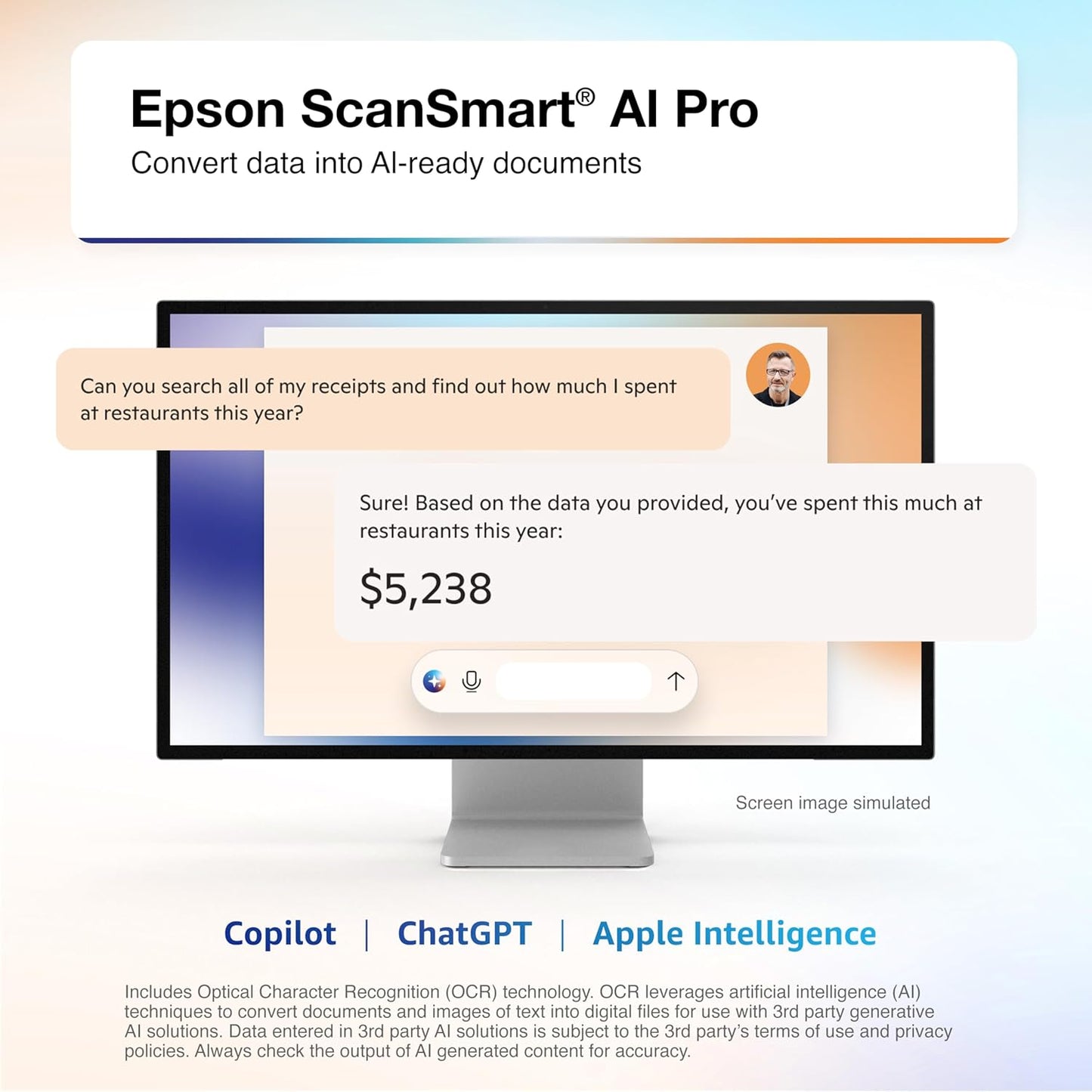Epson RapidReceipt RR-600W Wireless Desktop Color 2-Sided Receipt & Document Scanner with ScanSmart AI PRO Receipt Management & PDF Software for PC & Mac, Touchscreen & 100-Page Auto Document Feeder
