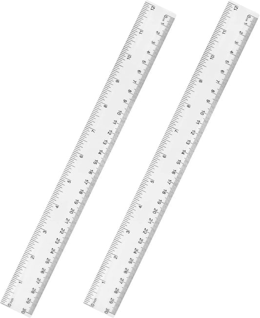 Clear Plastic 12 Inch Straight Ruler, Shatterproof With Inches and Centimeters for School Classroom, Home, or Office (2pcs)