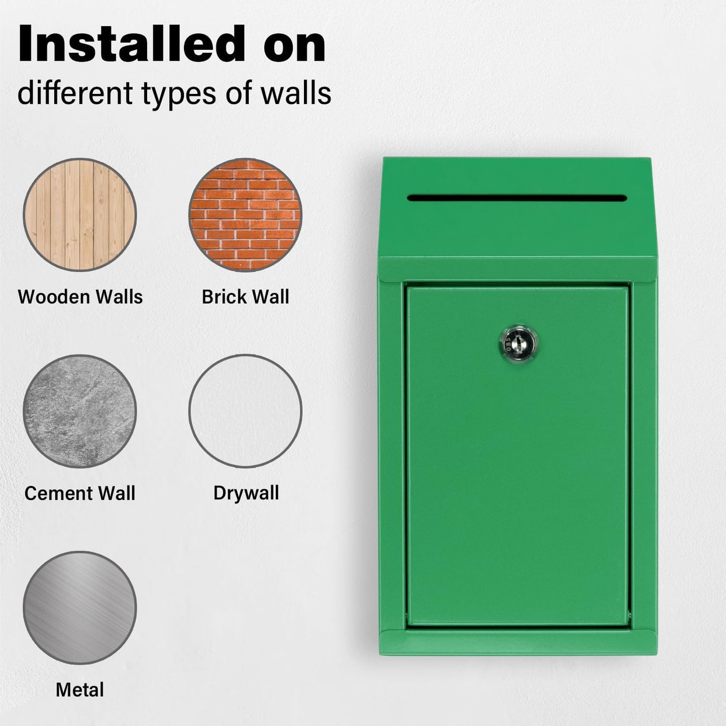 Metal Donation Box with Lock, Wall Mounted, Suggestion Box with 4 Iron Keys, Green, Cash Drop Box with Slot, 1-Pack