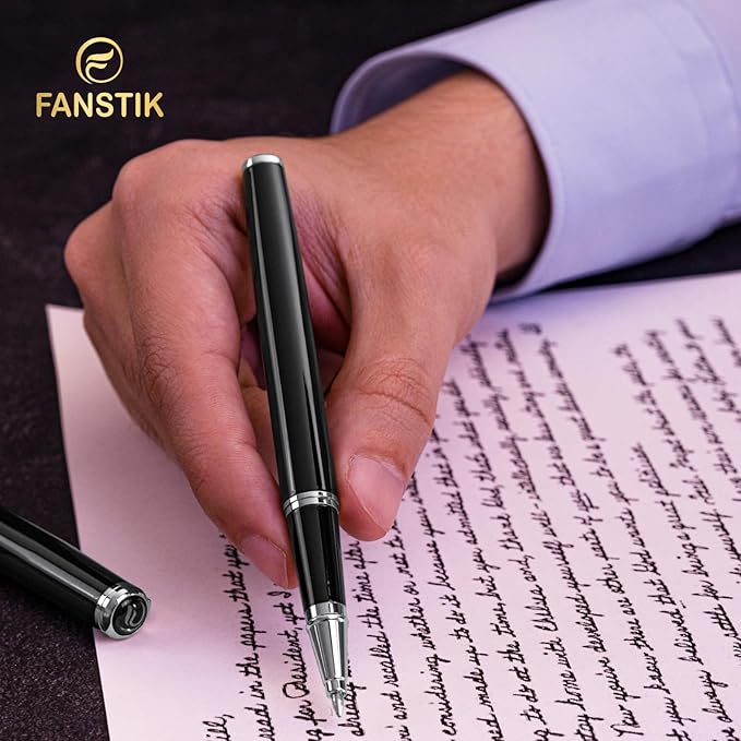 Customized Black & Silver Luxury Rollerball pen (Made In USA) fancy gift set for women, Real 24K Gold Plating, Professional executive pen gift set for men (Lux Custom-Rollerball Black-Silver)