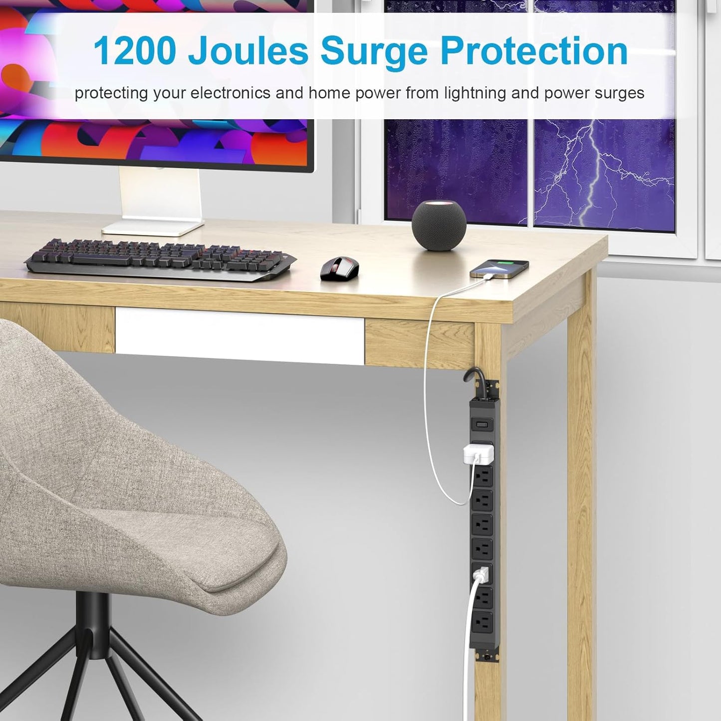 HHSOET Metal 360° Rotating Mountable Power Strip, 8 Outlet Gaming Table Mounted Outlet Strip, Heavy Duty Wall Mount Surge Protector with Switch, 15A 125V 1875W, 15ft Power Cord.(Black)