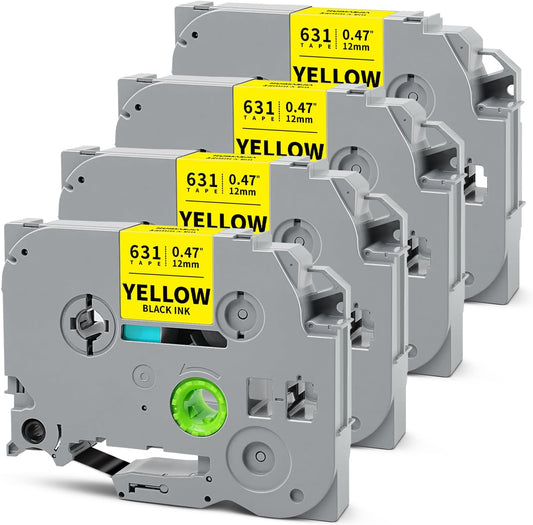 Tze631 12mm 0.47" Laminated Yellow Tape Compatible for Brother Tze-631 Tz-631 P Touch Tz Tze Label Tape 12mm 1/2" Black on Yellow for PTD210 PTD220 PTD400 PTD600 PTD610BT Label Maker, 4-Pack