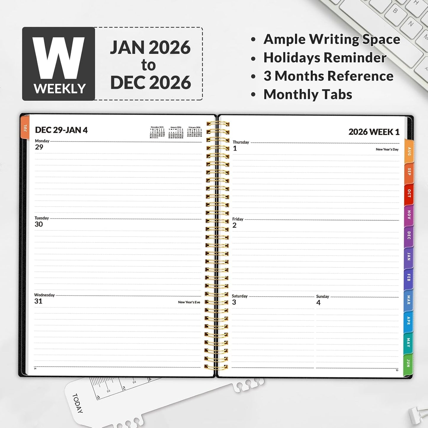 SUNEE 2026 Weekly and Monthly Planner - from January 2026 - December 2026, 8.5"x11" Daily Agenda Planner with Monthly Tab, Flexible Cover, Note Pages, Pockets, Bookmark, Spiral Binding, Black