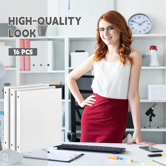 Henoyso 16 Pcs 3 Ring Binder 1/2'' Round Fits Letter Size 8. 5'' x 11'' Paper Plastic Flexible Binder Holds 100 Sheets with 1 Pockets Versatile Organizer for Office Home School (White)
