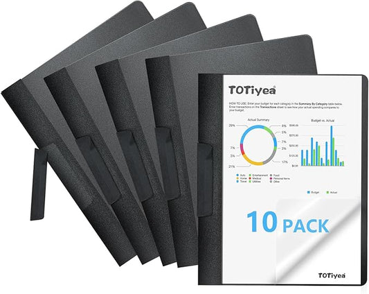 TOTiyea 10 Pack Clear Report Covers with Swing Clip, File Folder with Swing Clip, 30 Sheets Capacity, Slide Locking Report Covers, Letter Size (Black, 10 Pack)