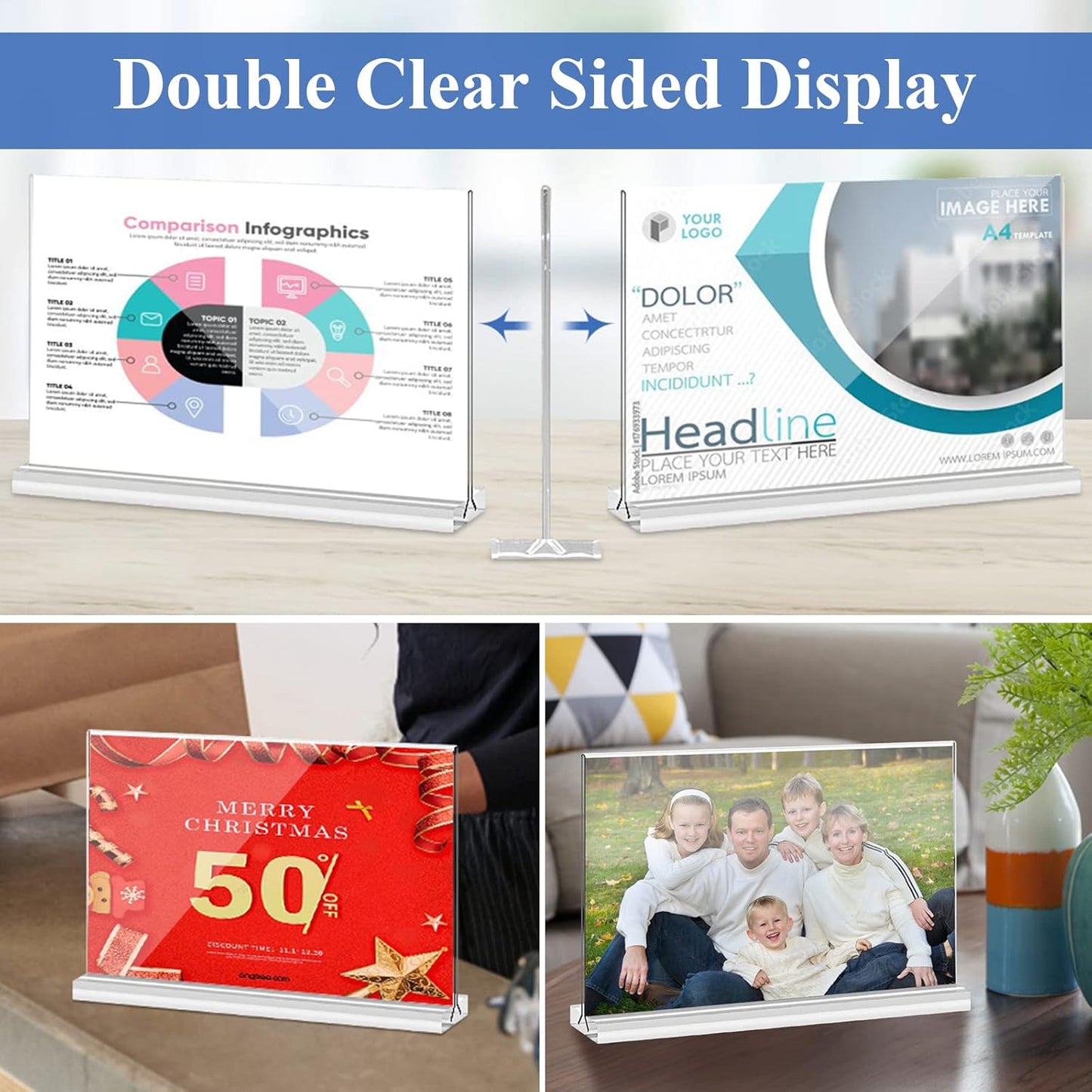 Acrylic Sign Holder 8.5 x 5.5 Horizontal, 8Pack Double-Sided Standup Table Top Clear Sign Holders, T Shape Plastic Acrylic Picture Frame Menu Flyer Paper Holder Display Stands for Office Store Wedding