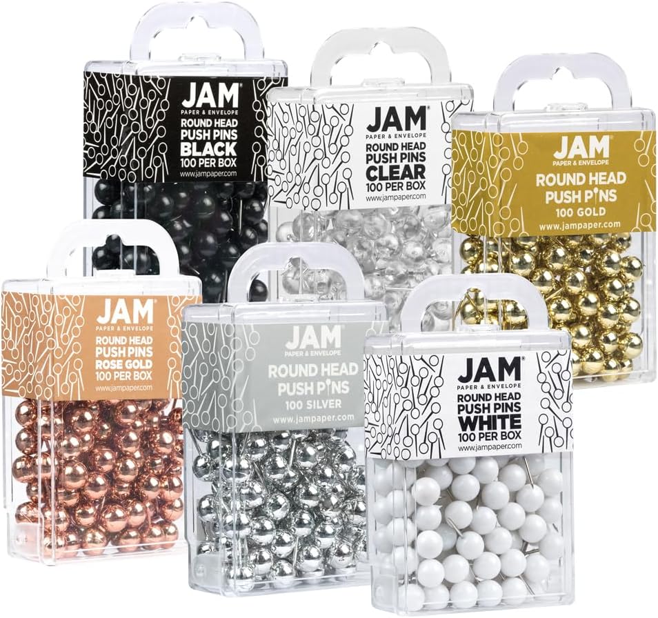 JAM PAPER Colorful Push Pins - Round Head Map Thumb Tacks - Assorted Business Colors - 600/Pack