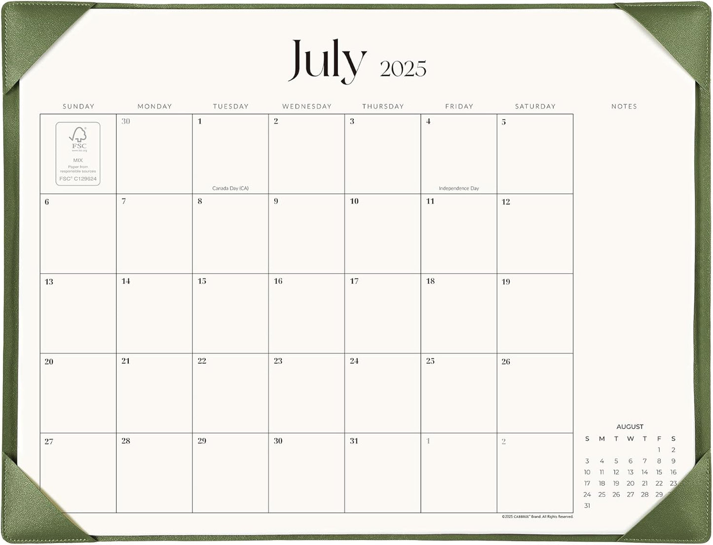 Simplified Desk Calendar 2025-2026 with Desktop Mat, Cabbrix Large Desk Pad Calendar 21" x 16-1/2" Runs From July 2025 to December 2026, Desk Blotter Calendar for Home School and Office (Mint Green)