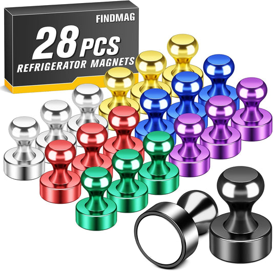 FINDMAG Strong Fridge Magnets, 28 PCS Small Whiteboard Magnets, Colorful Magnetic Push Pins for Refrigerator, Dry Erase Board, School, Kitchen, Locker Accessories