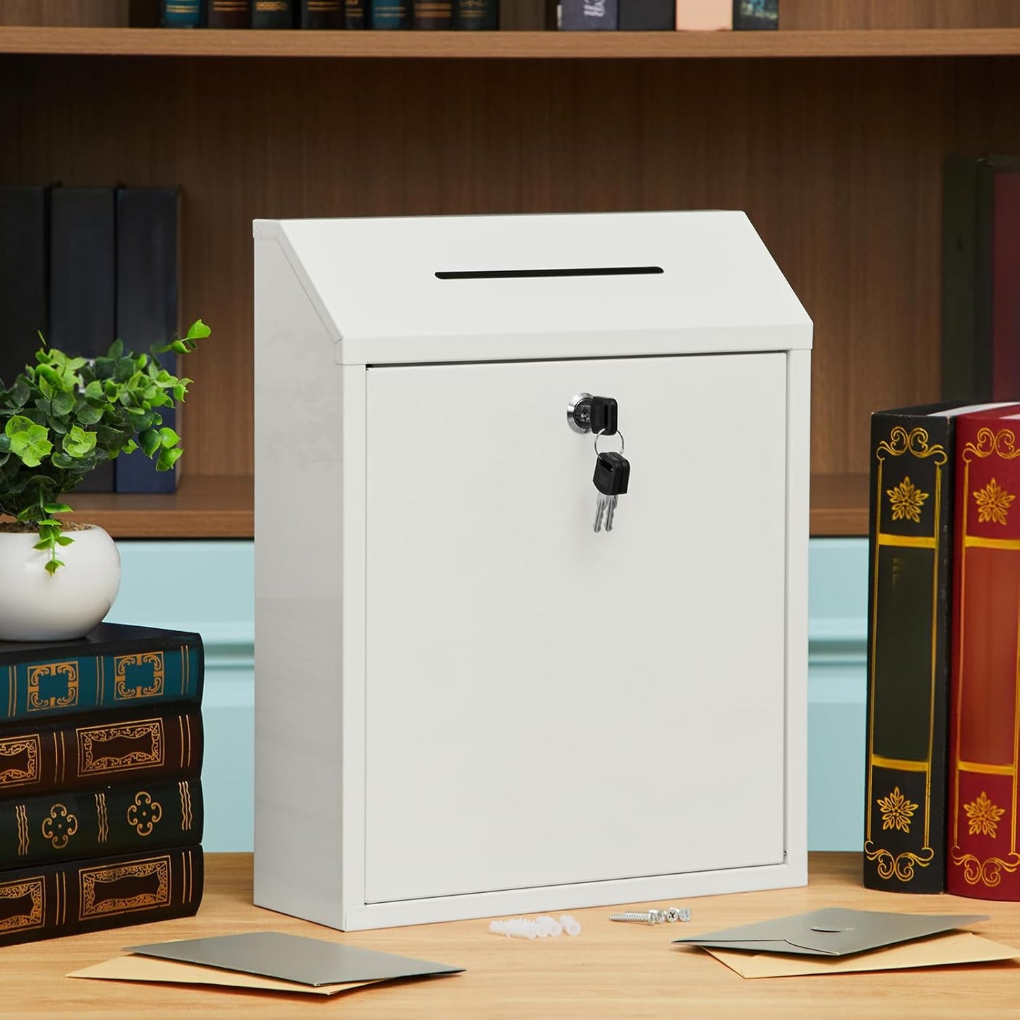 Metal Donation Cash Box Collection Safe Suggestion Box with Lock Wall Mounted Mailbox Delivery Ballot Container for Home Office Outdoor Door(White,15 x 12 x 4 Inch)