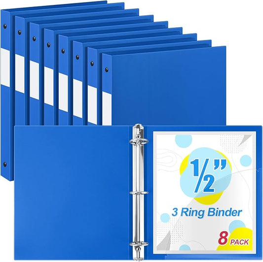 Henoyso 8 Pcs 3 Ring Binder 1/2'' Round Fits Letter Size 8. 5'' x 11'' Paper Plastic Flexible Binder Holds 100 Sheets with 1 Pockets Versatile Organizer for Office Home School (Blue)