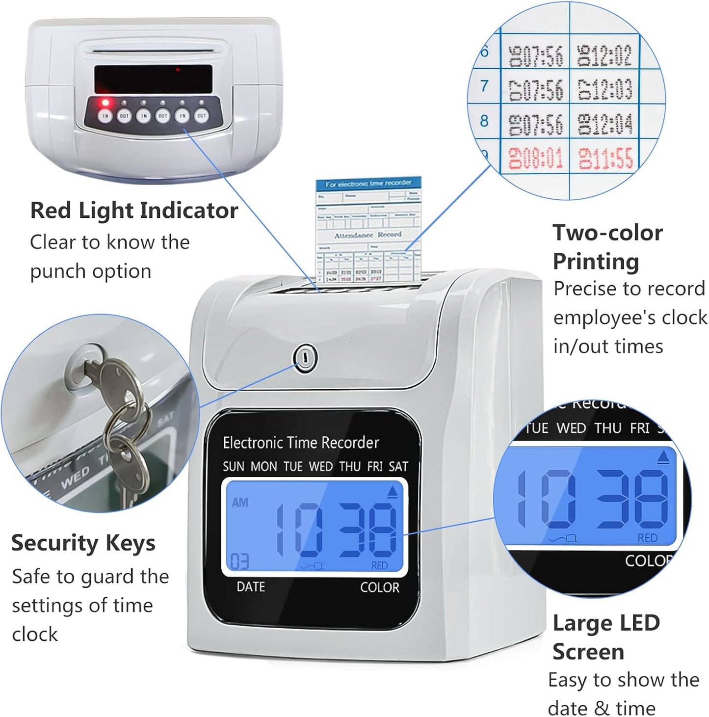 Employee Time Clocks for Small Business, Auto-Align Time Clock Punch Machine with 50-Piece Time Cards, Two Security Keys, and One Ink Ribbon Cartridge