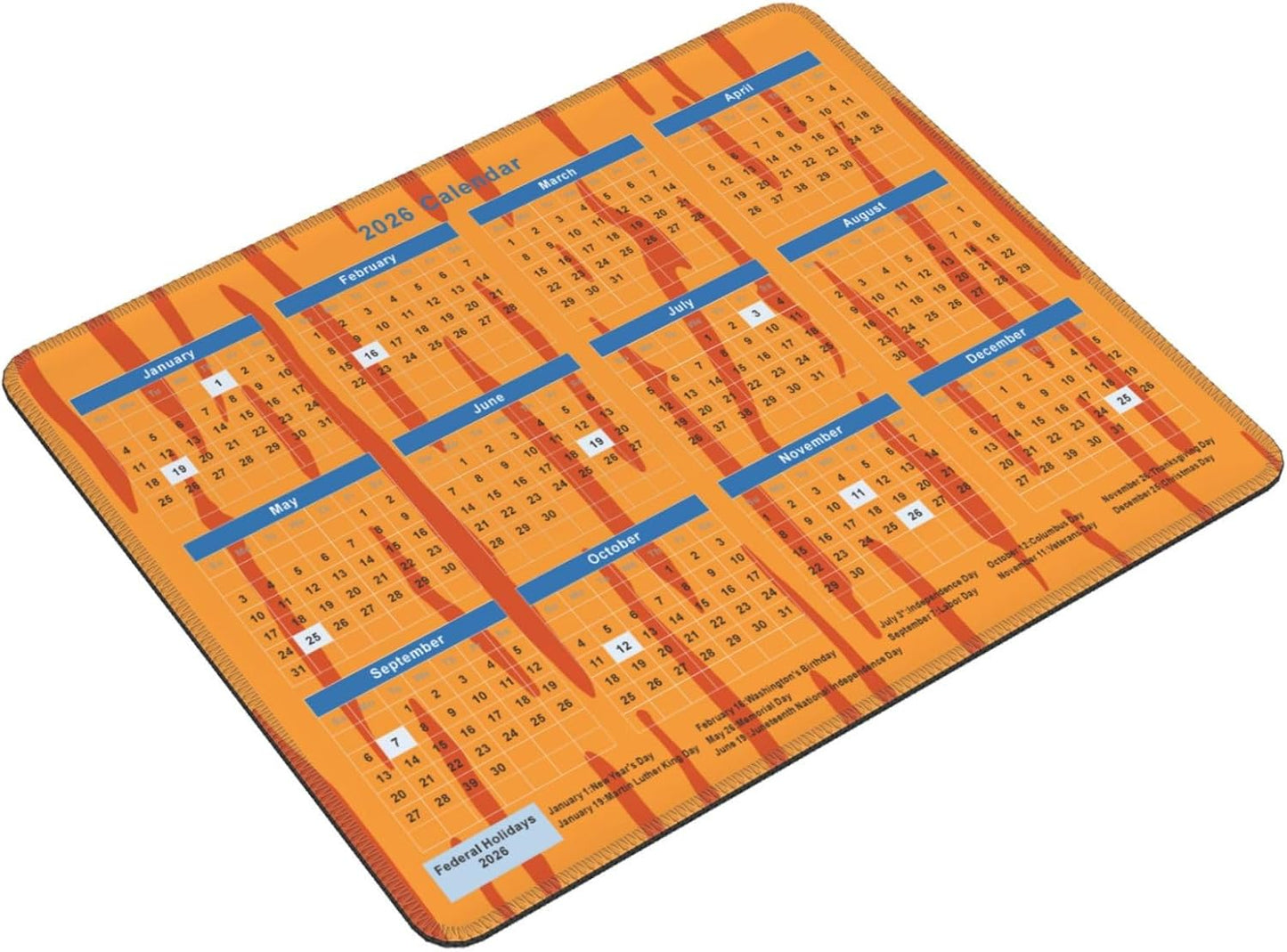 2026 Calendar Mouse Pad Tiger Texture, Calendar with Holidays Mouse Pads, Non-Slip Rubber Base Mousepad for Office Desk Computers Laptop