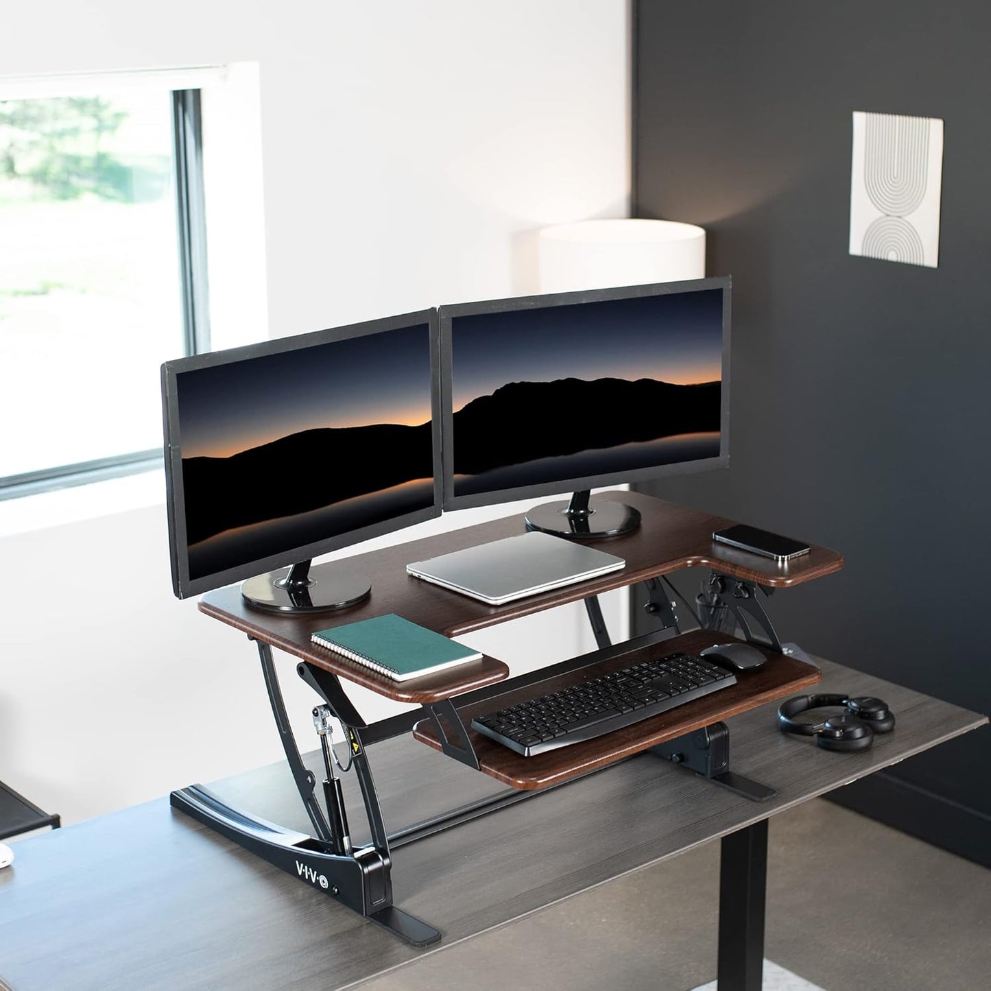 VIVO 36 inch Height Adjustable Stand Up Desk Converter, V Series, Quick Sit to Stand Tabletop Dual Monitor Riser Workstation, Dark Walnut Top, Black Frame, DESK-V000VD