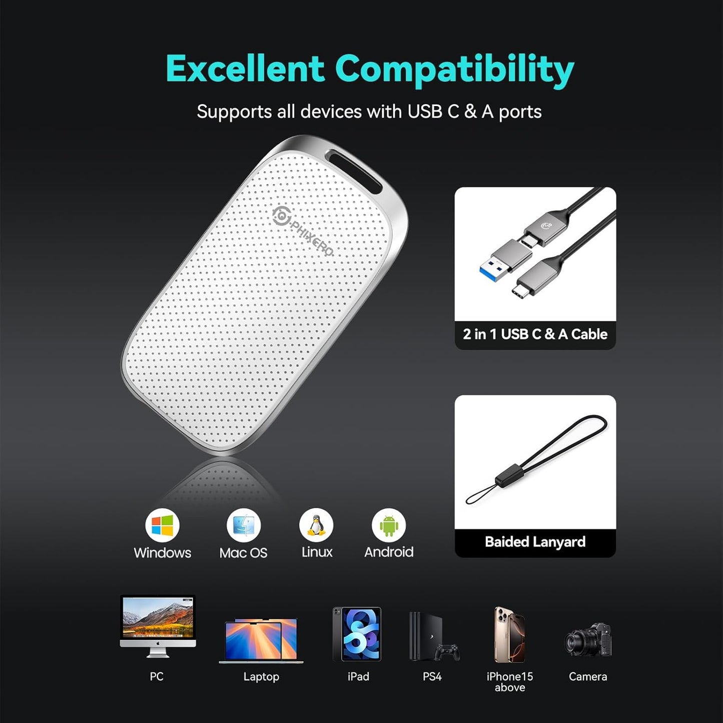 PHIXERO P5 1TB External Portable SSD - 5Gbps External Hard Drive with 2-in-1 USB C to C & USB C to A Cable for PC, Mac, PS5, Xbox | Anti-Shock, Compact Design with Lanyard Hole,White