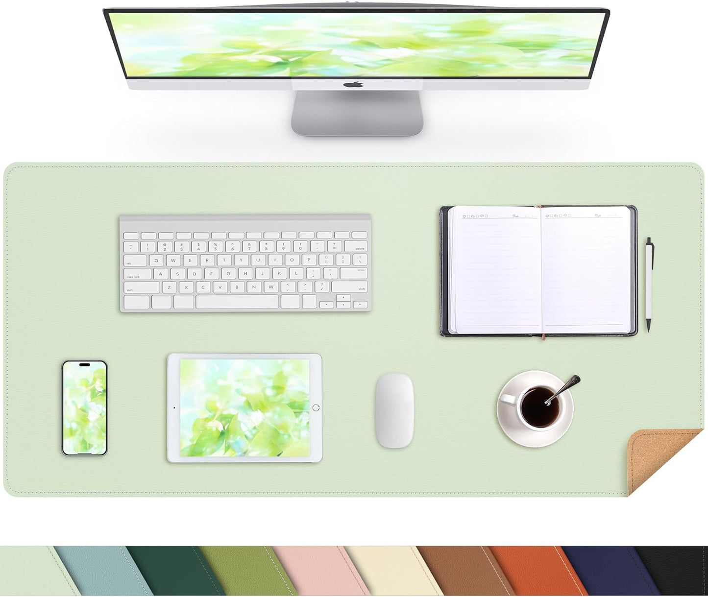 Leather Desk pad Protector, Large Desk mat with Natural Cork & PU Leather,Mouse pad,Non-Slip Office Desk Mat,Waterproof Desk Writing Pad for Office and Home (35in*17in, Light Green)