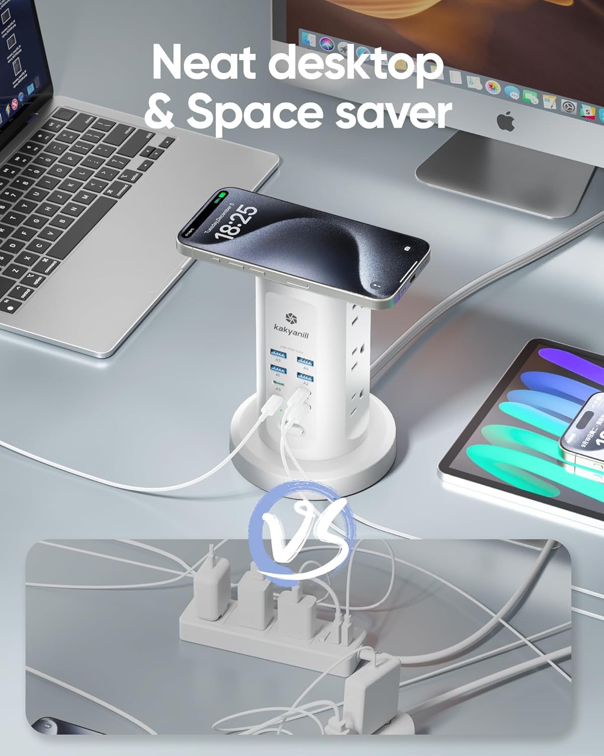 115W USB Charging Station, Surge Protector Power Strip Tower, 9 AC Outlets with 8 USB Ports(4 USB-C), 6Ft Flat Plug Retractable Extension Cord, for Home Office Dorm, White