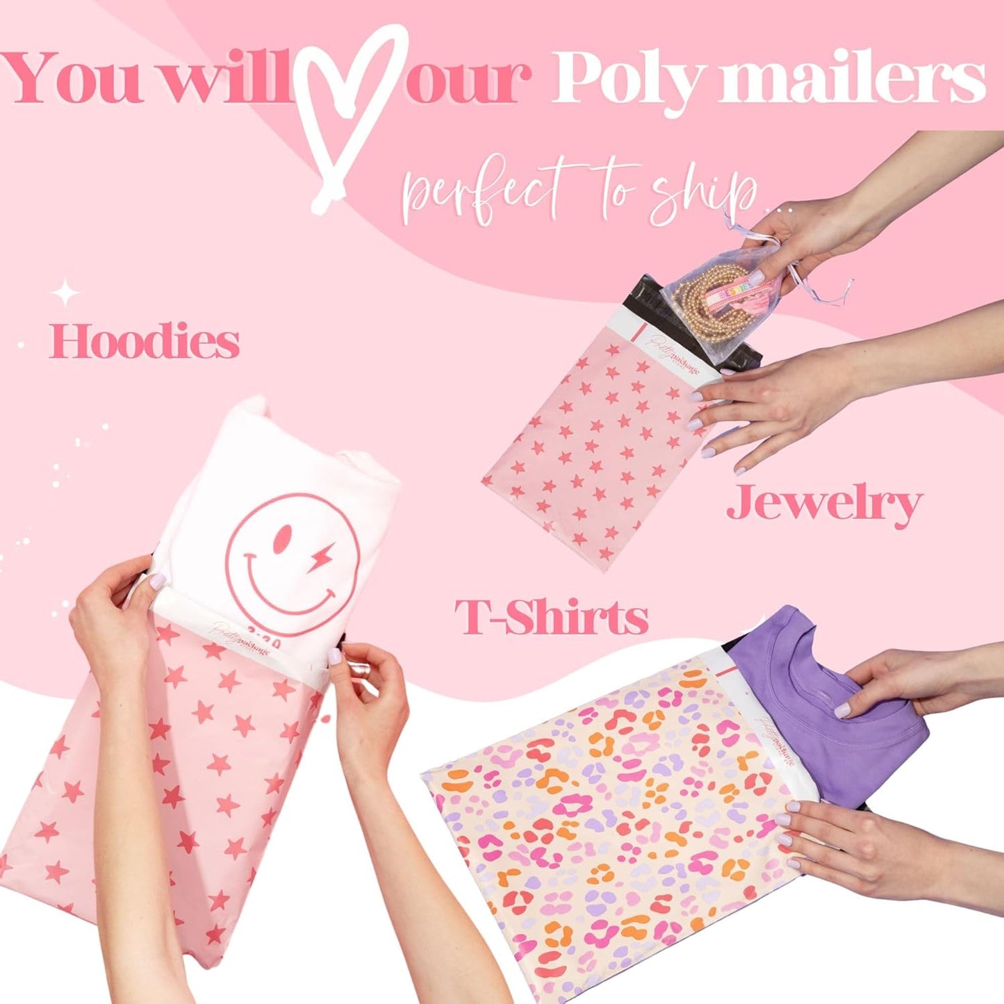 10x13 Designer Poly Mailer 100 Pack Heavy Duty Waterproof Self Seal Shipping Bags for Small Business Large Mailing Envelopes Bulk Tear Resistant Cute Packaging Happy Hearts