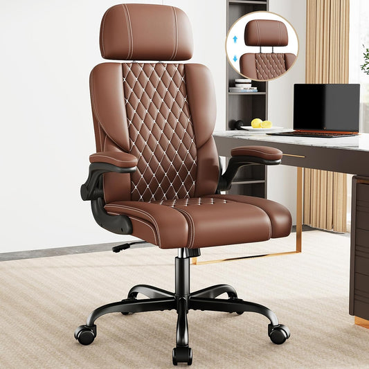 Sytas Executive Leather Office Chair, Comfy Desk Chair with Adjustable Headrest & Flip-up Padded Arms & Lumbar Support, Adjustable Hight and Tilt, Rolling Swivel, Brown