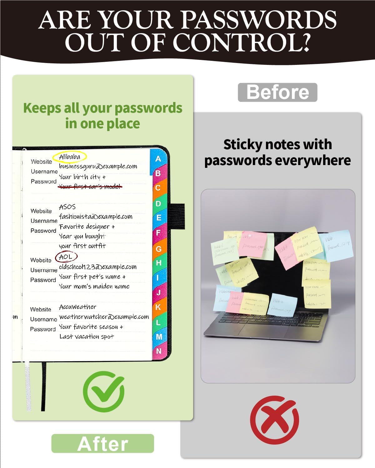 Small Password Keeper Book with Colorful Alphabetical Tabs, Hardcover Password Log-book for Internet Password and Website Address, 4.1"×6.2" Password Notebook for Home Office (Black)