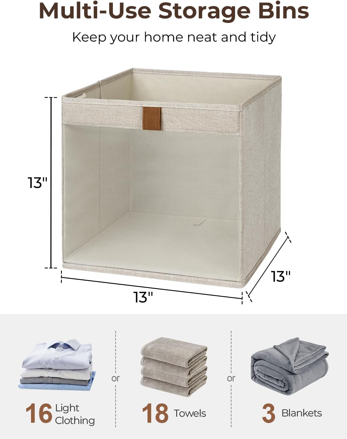 StorageWorks 13x13 Storage Cubes, Closet Storage Bins with Clear Window, Large Fabric Organizer for Clothes, Collapsible Storage Baskets with PU Handles, Brown and Beige, 3-Pack