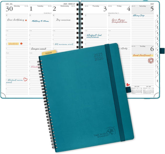POPRUN Planner 2025-2026 (Large - 8.5'' x 10.5'') Academic Weekly Calendar (July 2025 - June 2026) with Hourly Time Slots, Monthly Tabs, 100GSM Thick Papers, Spiral Leather Cover - Pacific Green