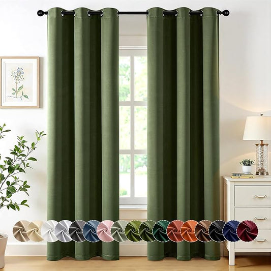 MIULEE Olive Green Blackout Curtains for Bedroom Living Room 72 Inches Long 2 Panels, Thermal Insulated Room Darkening Drapes Solid Grommet Top Noise Reducing Dark Green Window Curtains W40 x L72 Inch