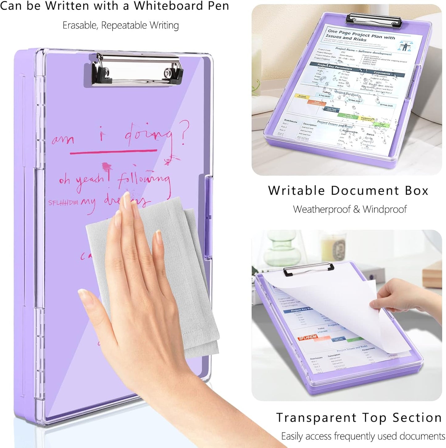 Clipboard with Storage,Heavy Duty Clip Boards 8.5x11 with 2 Storage Case,Clear Visible Top Panel Storage Clipboards,Side Opening Clip Boards,Nursing Clipboard Folder Case for Office Supplies-Purple