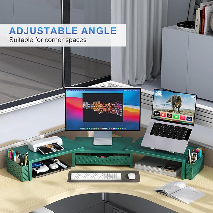 gianotter Dual Monitor Stand Riser, Desk Organizer With Drawer and 2 Pen Holders, Monitor Stand for Desk, Office Decor Essentials (Green)