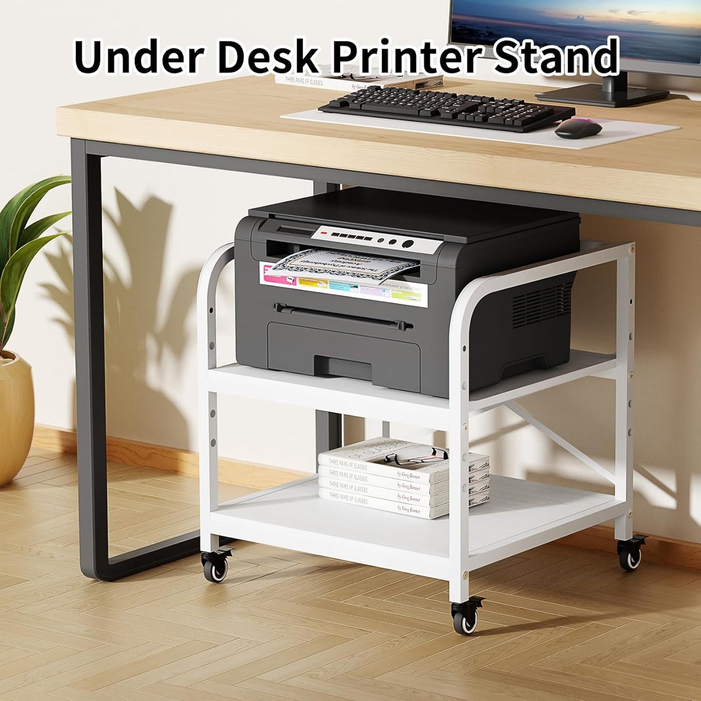 20 Inches Large Printer Stand, 2-Tier Under Desk Printer Table with Height Adjustable Shelf, Rolling Printer Cart with Industrial Wheels for Home Office (White)