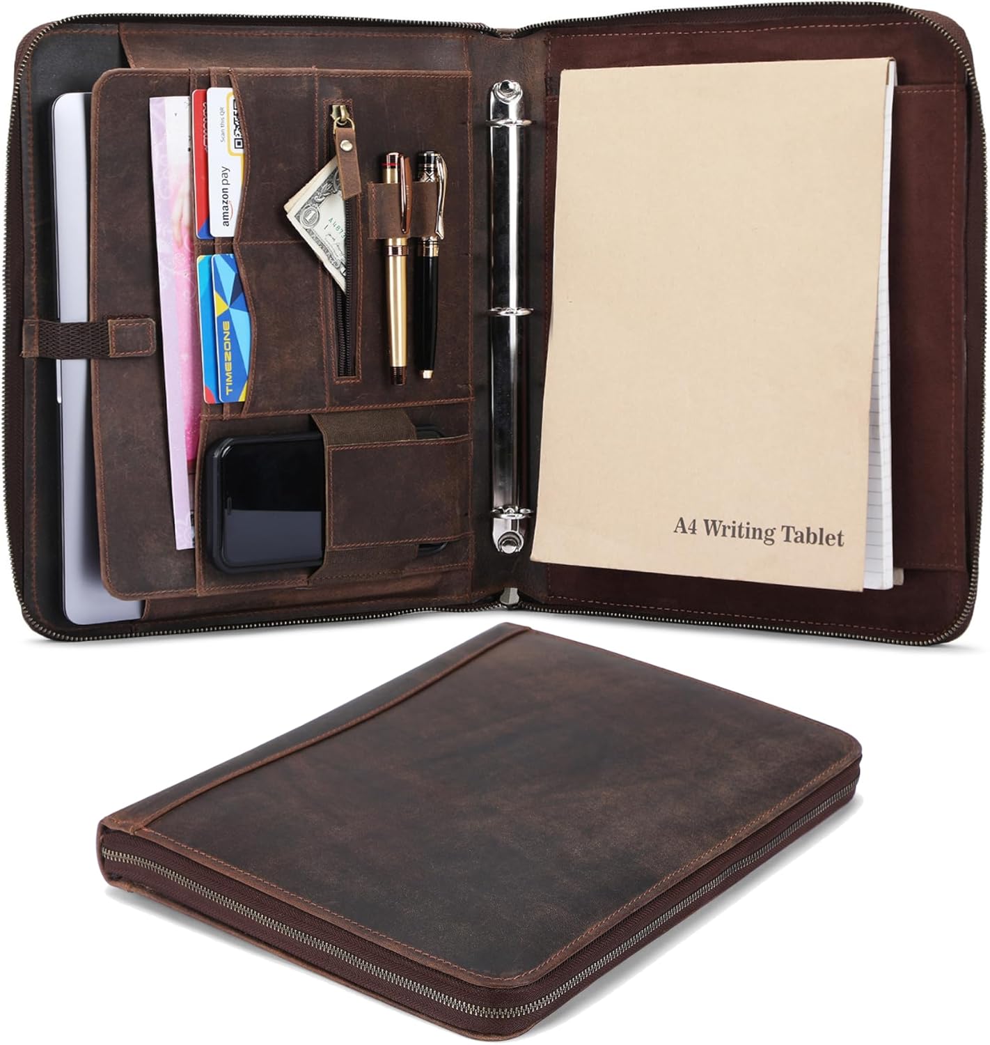 Premium Leather Portfolio Organizer with Zipper - Brown Business Padfolio with Card Slot, Document Holder, Pen Loops | Leather Padfolio with 3 Rings Binder Legal Pad Holder Podfolio for Men & Women