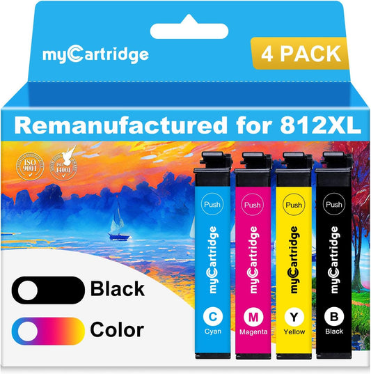 myCartridge 812XL Ink Cartridge Combo Pack Remanufactured for Epson 812 Ink Cartridges for Epson WF-7840 Ink Cartridges for Workforce Pro WF-7820 WF-7840 EC-C7000 Printer,4 Pack(BK/C/M/Y)