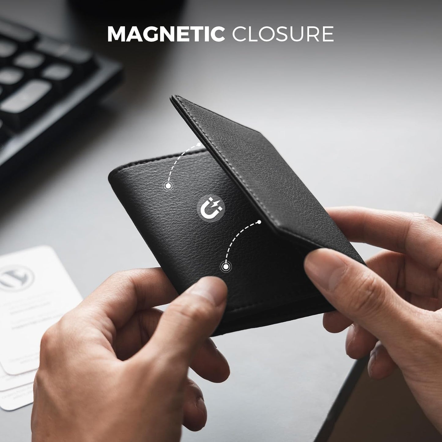 Real Leather Business Card Holder Premium RFID Blocking Card Case with ID Window and Magnetic Closure Holds Up to 40 Business Cards (Grain Black)