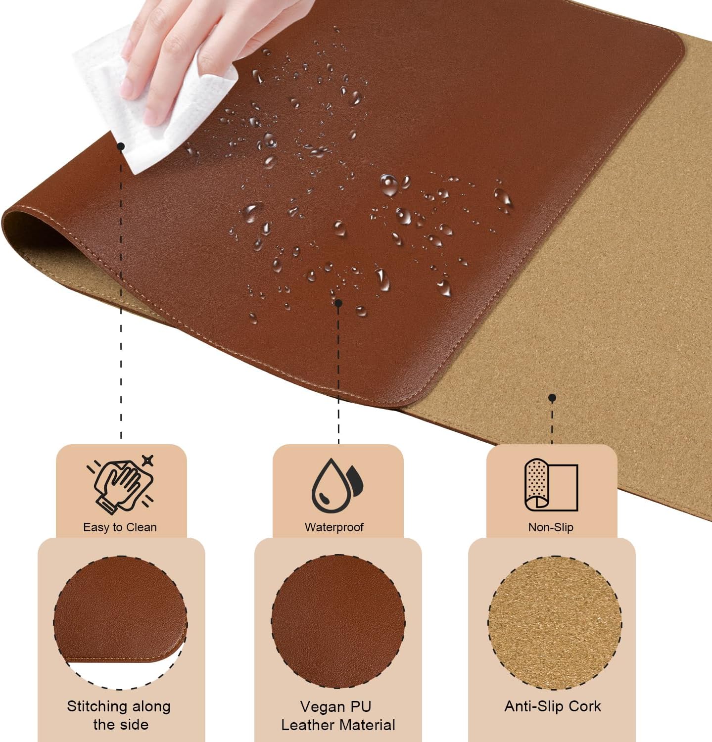 Non Slip Desk Mat, 31.5" x 15.7" PU Leather Desk Pad, Cork Desk Mat for Desktop, Desk Pad for Keyboard and Mouse, Ideal for Office and Home, Brown
