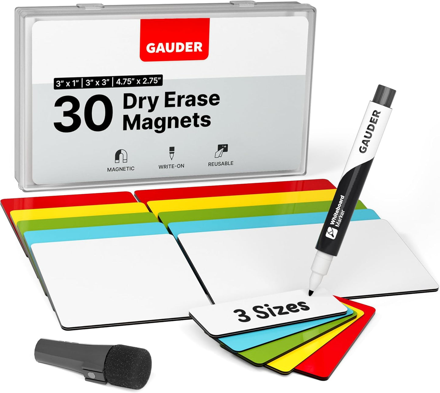 GAUDER Magnetic Labels Writable - Reusable Magnet Tags for Whiteboard, Chalkboard, Kanban Board and Refrigerator - Magnet Cards with Marker (30 Pack - 3 Sizes)