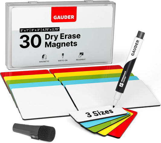 GAUDER Magnetic Labels Writable - Reusable Magnet Tags for Whiteboard, Chalkboard, Kanban Board and Refrigerator - Magnet Cards with Marker (30 Pack - 3 Sizes)