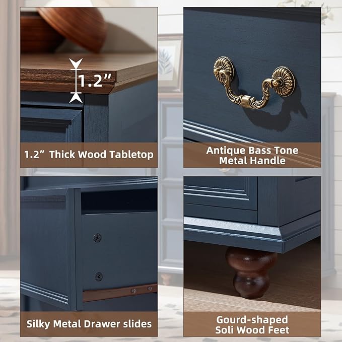 Farmhouse 5 Drawer Dresser for Bedroom, 45" Tall Rustic Chests of Drawers w/ 4 Solid Wood Feet, Mid Century Modern Wooden Closet Storage Dressers Organizer for Living Room, Hallway, Navy Blue