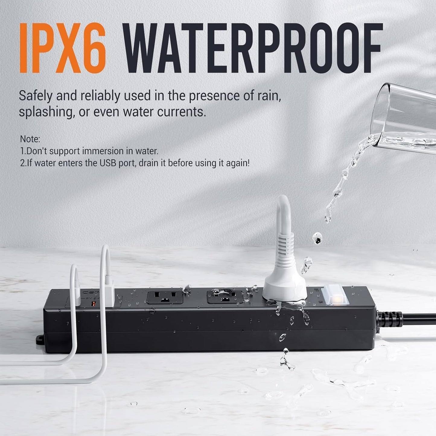 IPX6 Outdoor Power Strip Weatherproof, Waterproof Surge Protector with 3 Wide Outlet with 1A2C USB Ports, 10FT Long Extension Cord, Wall Mountable for Outside Decorations and More UL Listed(Black)