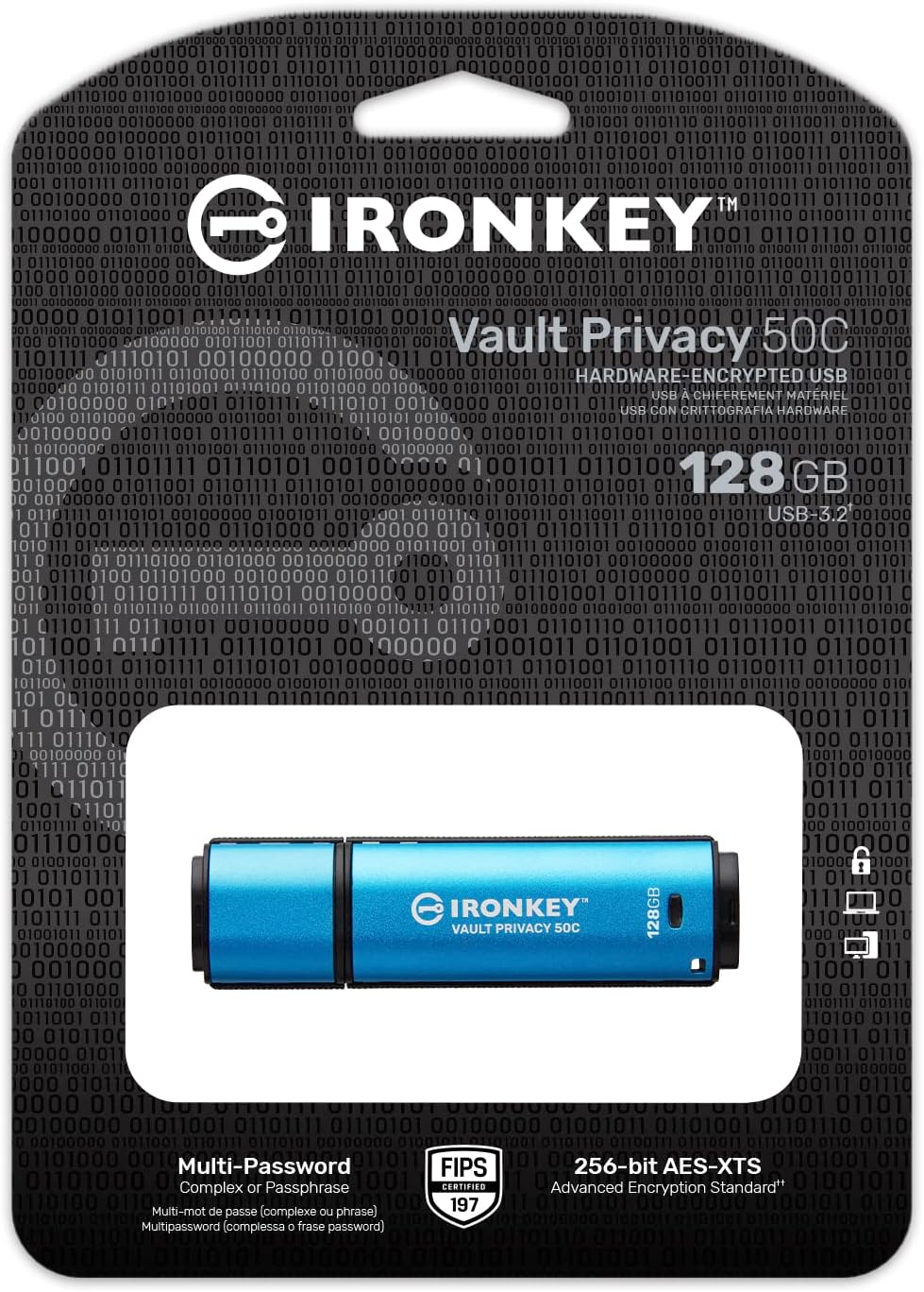 Kingston Ironkey Vault Privacy 50 USB-C 128GB Flash Drive | FIPS 197 Certified | XTS-AES 256-bit | BadUSB and Brute Force Protection | Mult-Password Option | IKVP50C/128GB