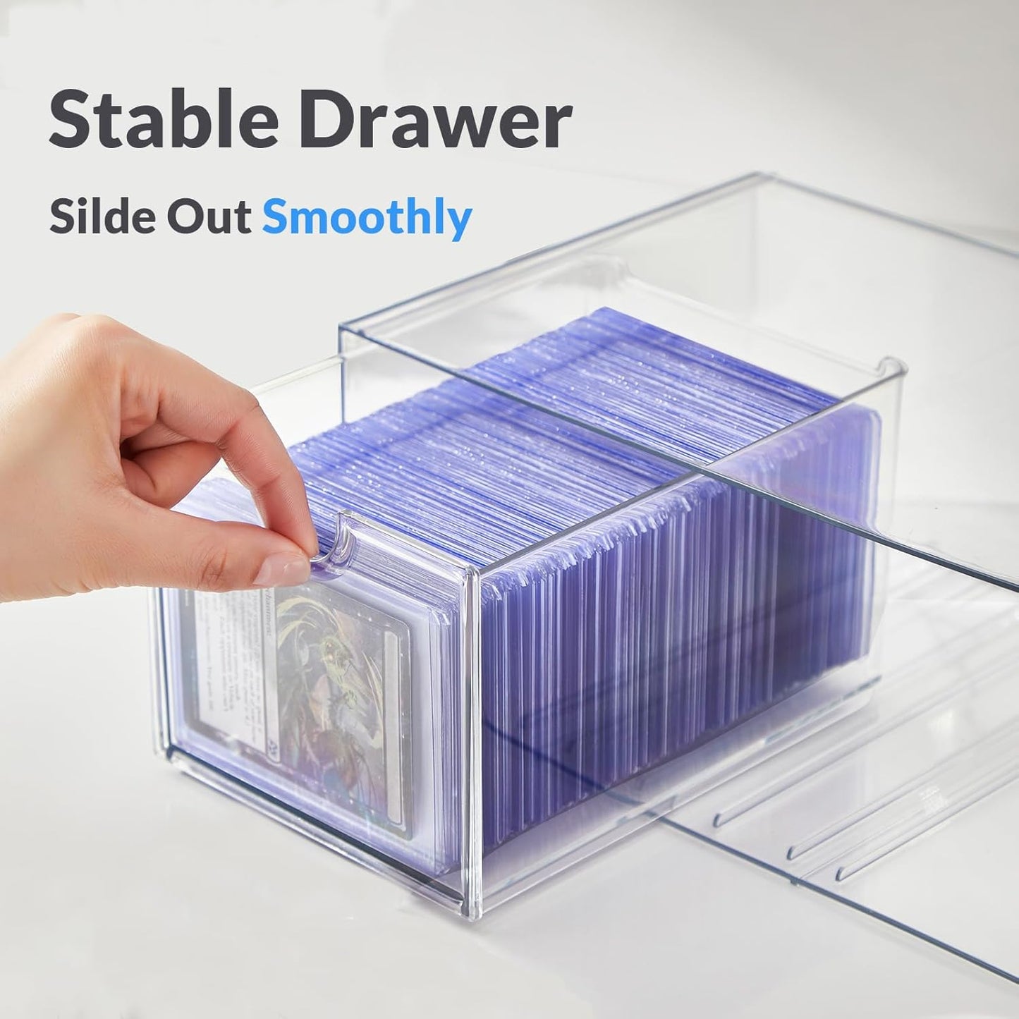 4 Drawer Trading Card Storage Box for Toploader & Magnetics, Clear Card Organizer with Divider for TCG, MTG, Sports Cards, Holds 380+ Top Loaders