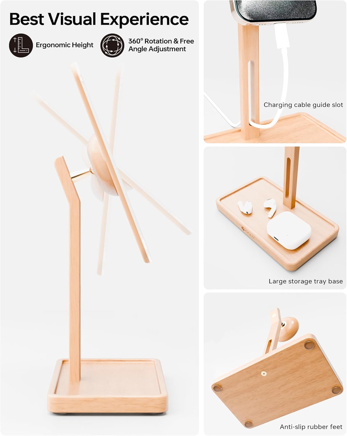 YEOUX Premium Desktop Glass Whiteboard & Magnetic Phone Stand 2-in-1 | 360° Adjustable | Solid Wood | MagSafe Compatible, Small Dry Erase Board for Office Home Desk