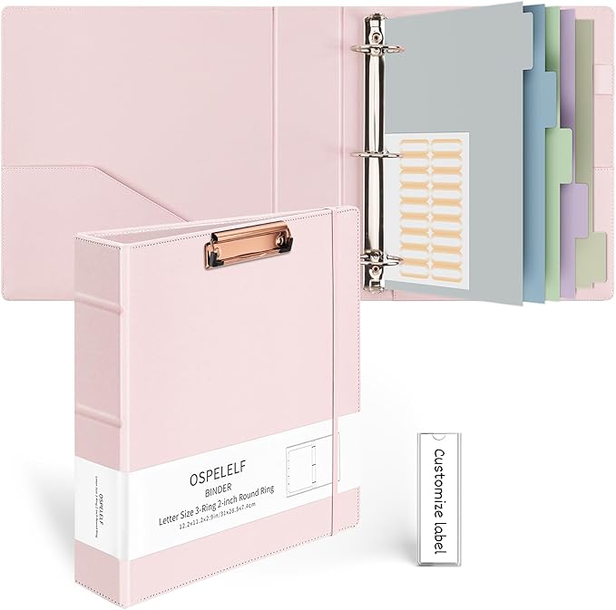 Ospelelf 3 Ring Binder with Clipboard 2 Inch Leather Binder for Letter Size (8.5" x 11"), Clipboard Binder with 5 Tab Dividers Back to School Supply, Pink