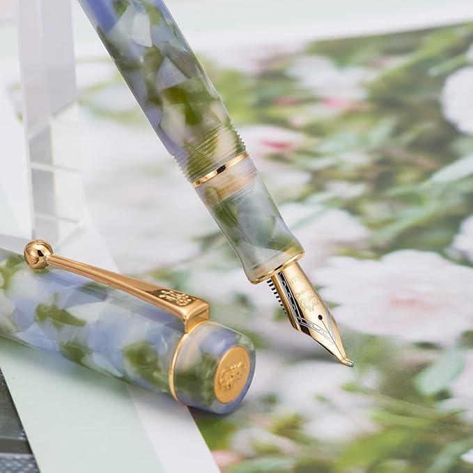 Jinhao 100 Fountain Pen Celluloid Classic Style, #6 Nib Smooth Writing Instrument with Refillable Converter and Pen Case Set