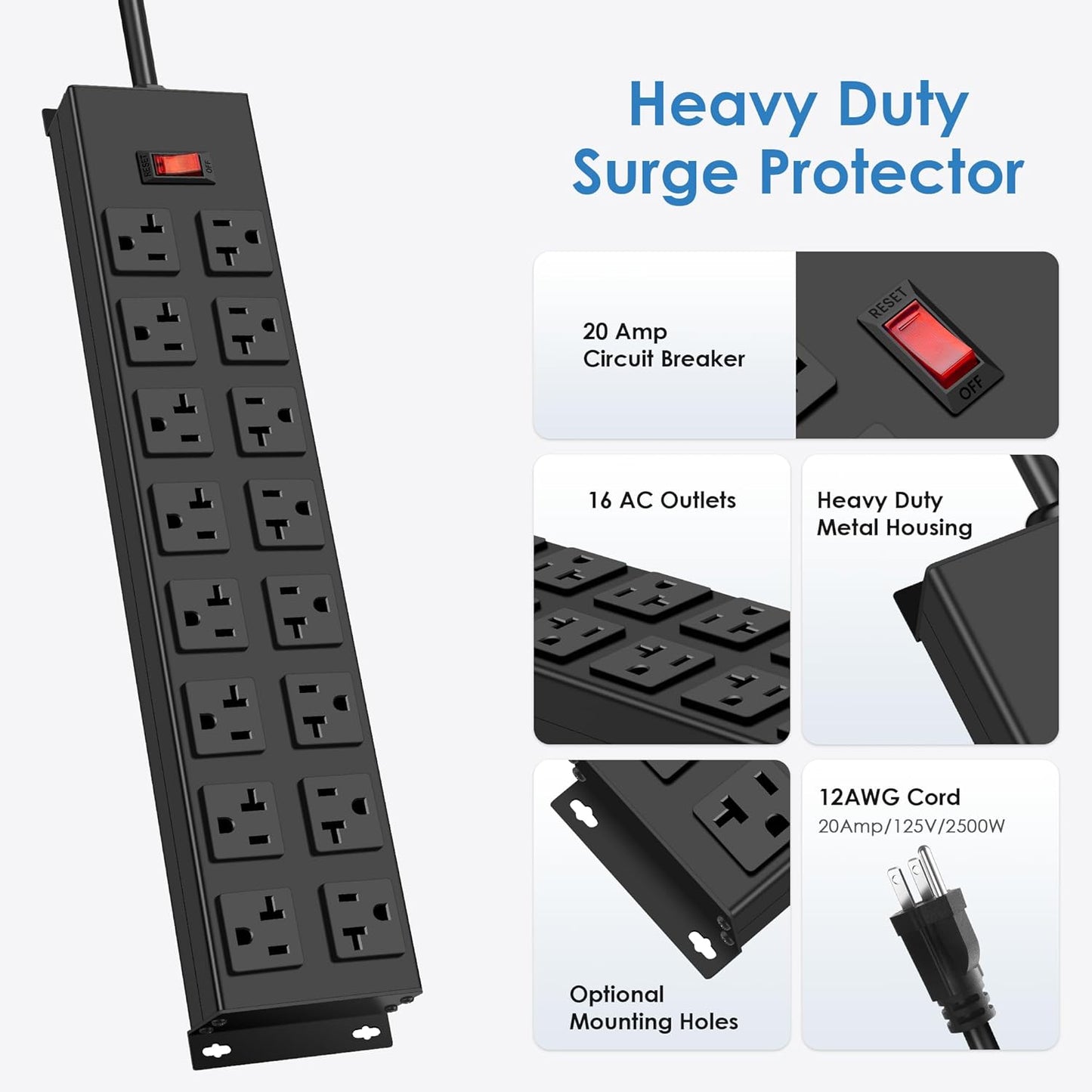 JUNNUJ Heavy Duty 20 Amp Power Strip with Surge Protection 3000J, Garage 16 Outlets Metal 12 Gauge, Desk Strips Wide Spaced, High Amp 5-15P Adapter Shop 6-20R T-Slot Industrial Outlets (16AC, 6FT)
