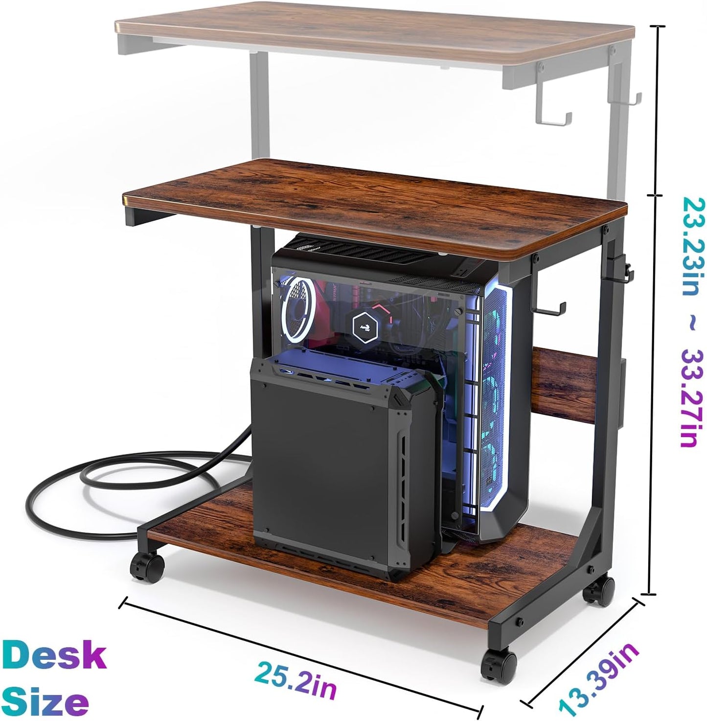 Height Adjustable Computer Tower Stand with Charge Station and USB Charging Port, 2-Tier ATX-Case Cart, Under Desk Mobile PC Stand, CPU Holder Cart with Locking Caster Wheels for Fits Most PC