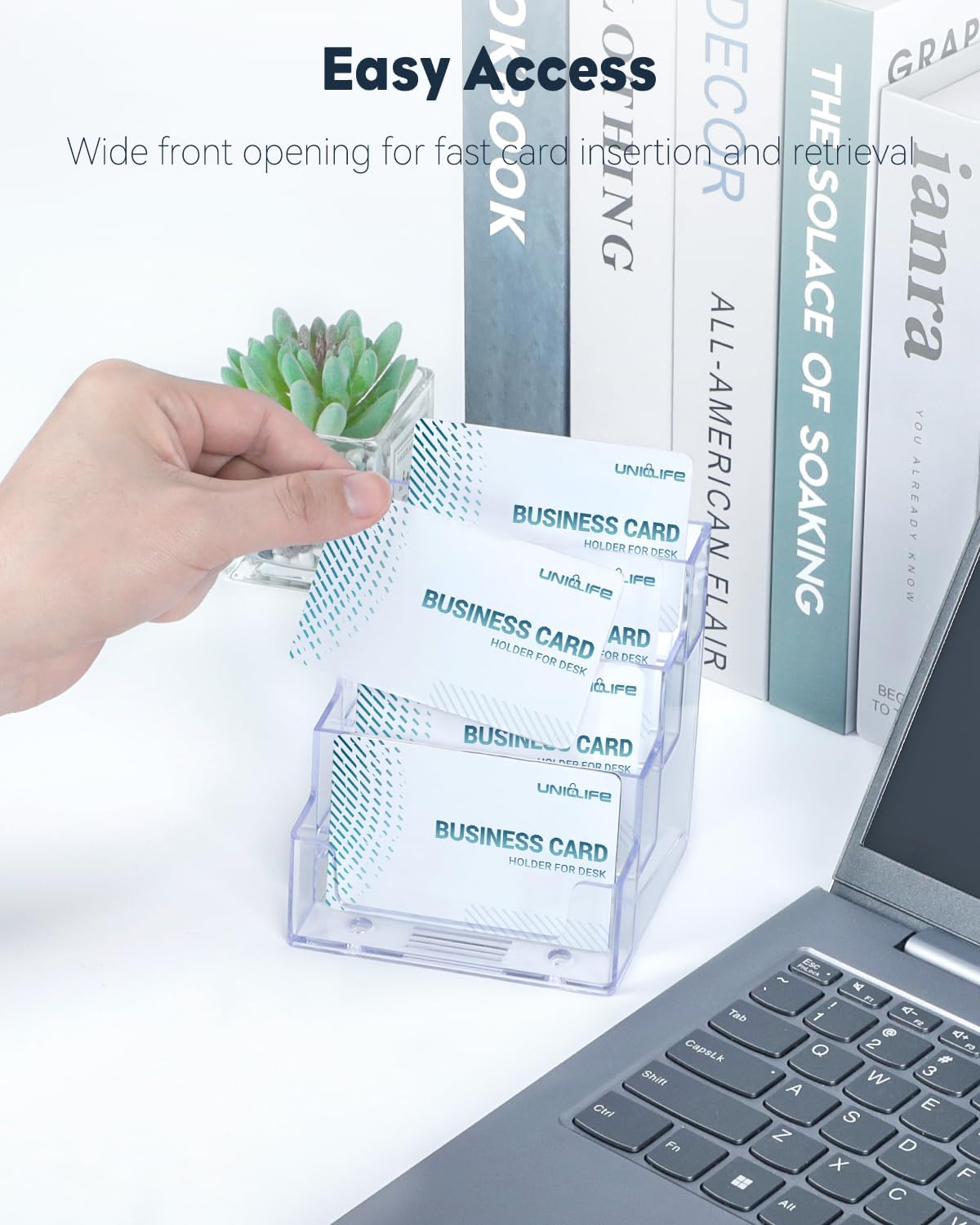 Uniclife Acrylic Business Card Holder for Desk 4 Slots Clear Business Card Display Stand for Men & Women Desktop Business Card Organizer Card Stand for Office Home Exhibition, 240 Card Capacity