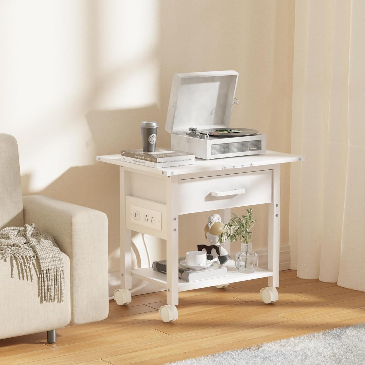 Lerliuo Under Desk Rolling Printer Stand with Charging Station and USB Ports, 2-Tier Printer Table Desk with Fabric Drawer, Printer Cart Holder with Lockable Wheels for Home, Office (White)