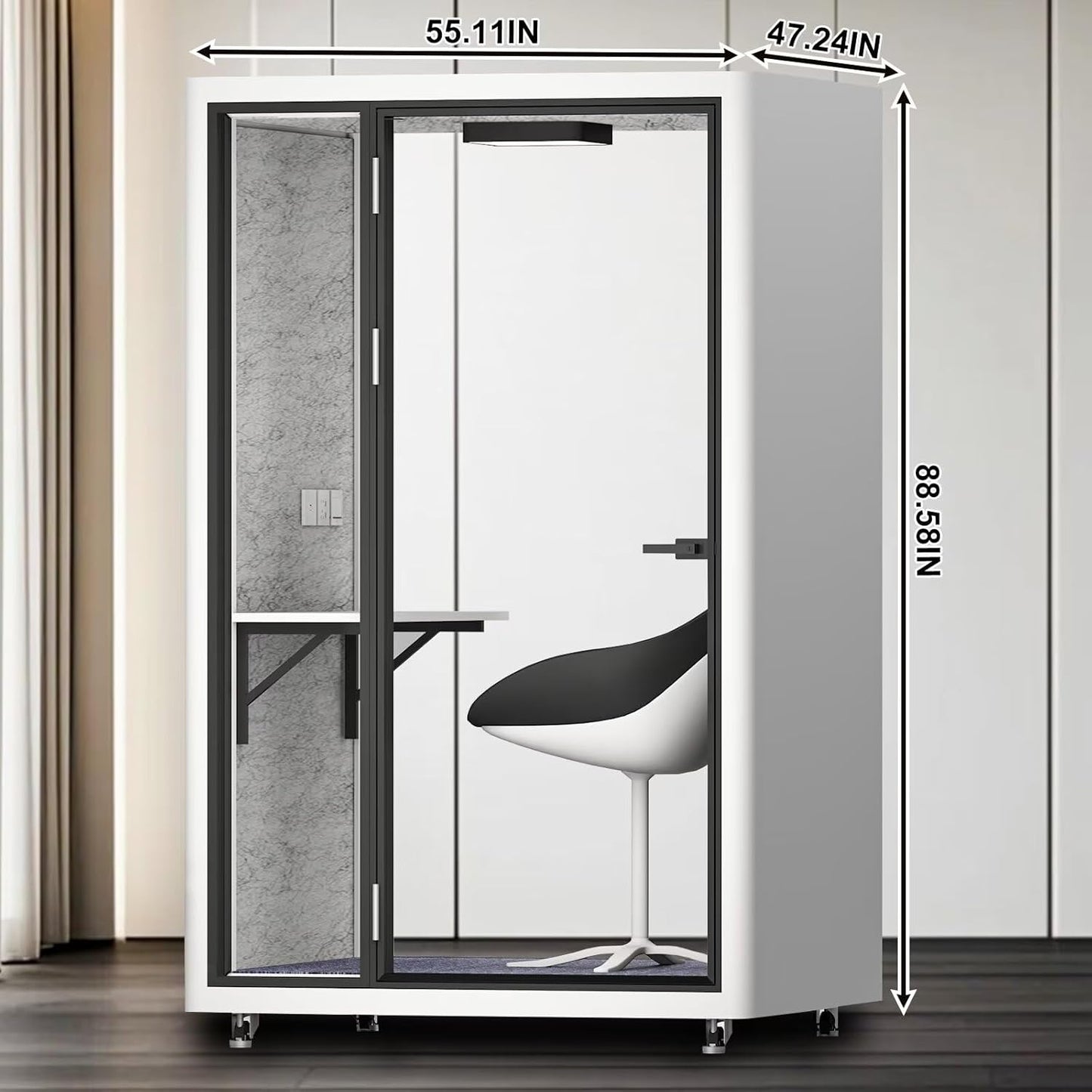 Office Sound Booth with Audio Privacy - Portable Soundproof Booth with White Modern Style,Movable Room with Light,Ventilation,Socket for Study,Work,Singing Room,Telephone Booth(55.11IN)