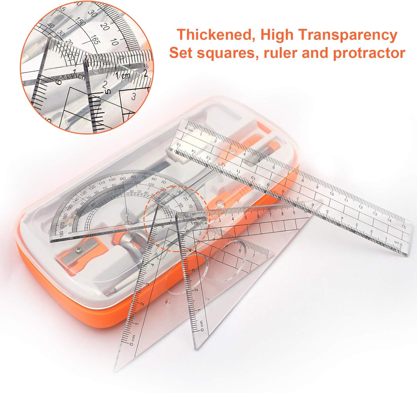 Geometry Compass Set 2 Drafting Compasses with Maths Protractor Set Squares Ruler and More for Students Starters Homework etc. Orange
