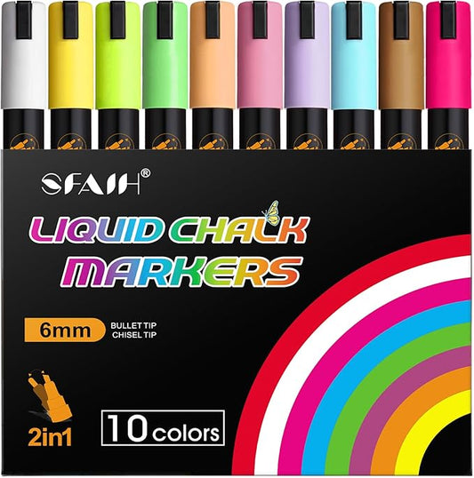 SFAIH 10 Pastel Liquid Chalk Markers [1s Wet Wipe] - No Residue, 6mm Chalkboard Markers for Blackboard, Calendar, Windows, Glass, Zero Dust, Non-Toxic, Chalk for Kids, School Teacher Must Haves